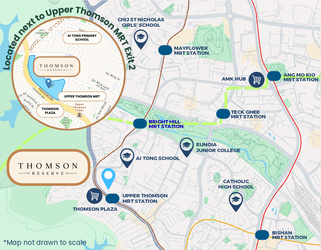 Location map showing Thomson Reserve next to Upper Thomson MRT (Exit 2), with nearby schools including Ai Tong, CHIJ St Nicholas Girls', Eunoia JC and Catholic High, MRT stations (Bright Hill, Mayflower, Marymount, Bishan, Ang Mo Kio) and Thomson Plaza and AMK Hub